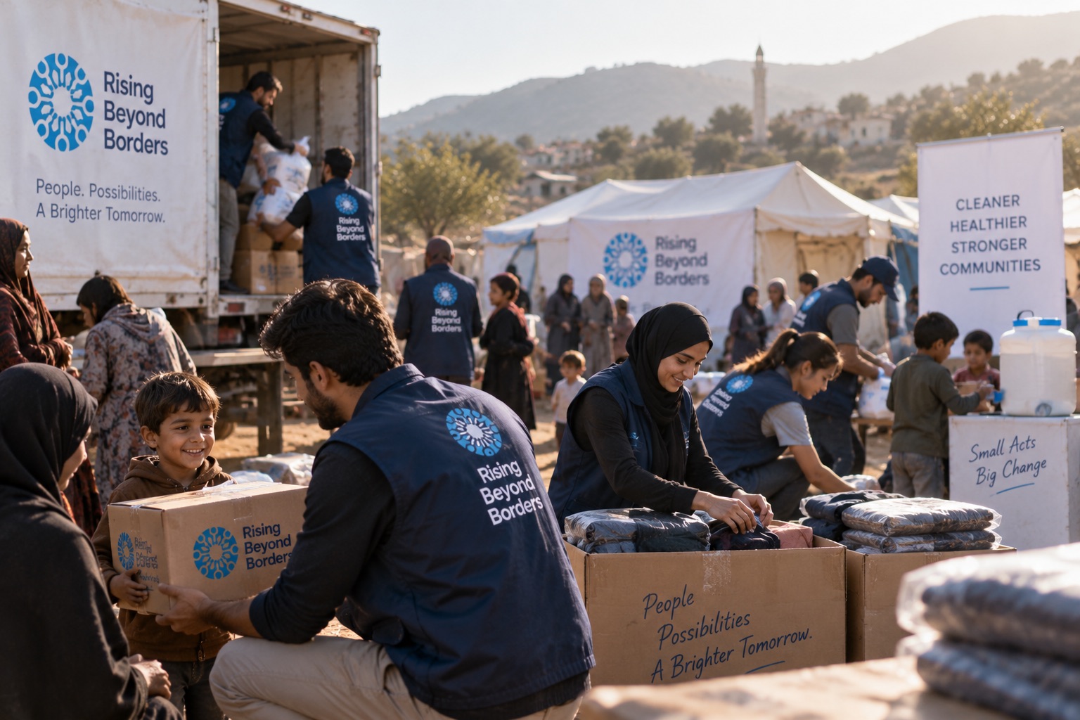 People in vests printed with the Rising Beyond Borders logo unloading a truck and packing boxes alongside families