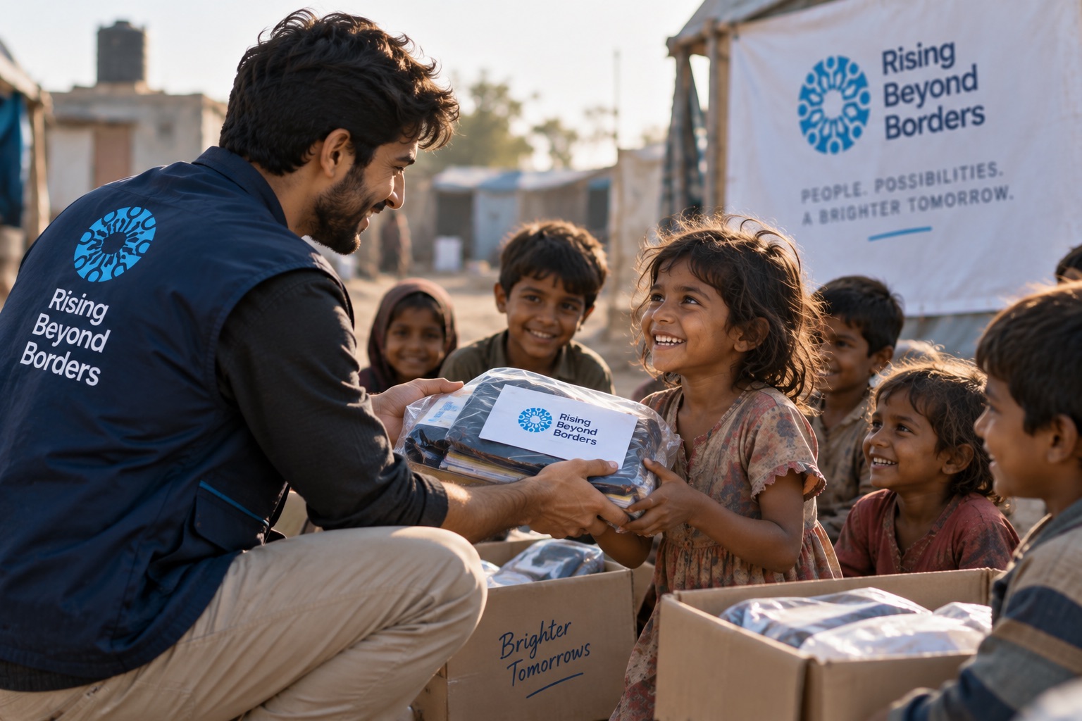 A person in a vest printed with the Rising Beyond Borders logo hands a wrapped package to a smiling girl, with other children gathered around